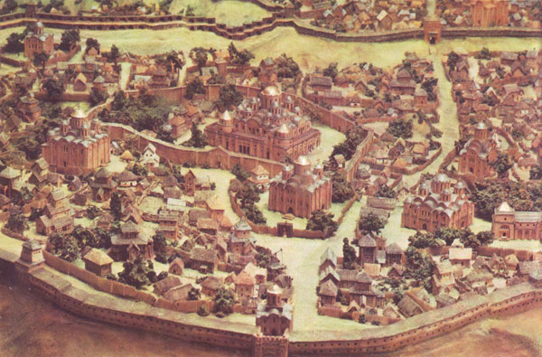 Ancient Kiev, 10th-13th cc. A scale model Detail The town of Yaroslav. Artist D. Mazyukevich